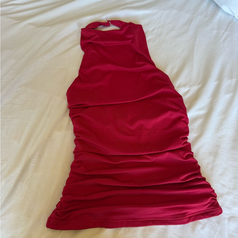 Sleeveless Red Ruched Halter Neck Top